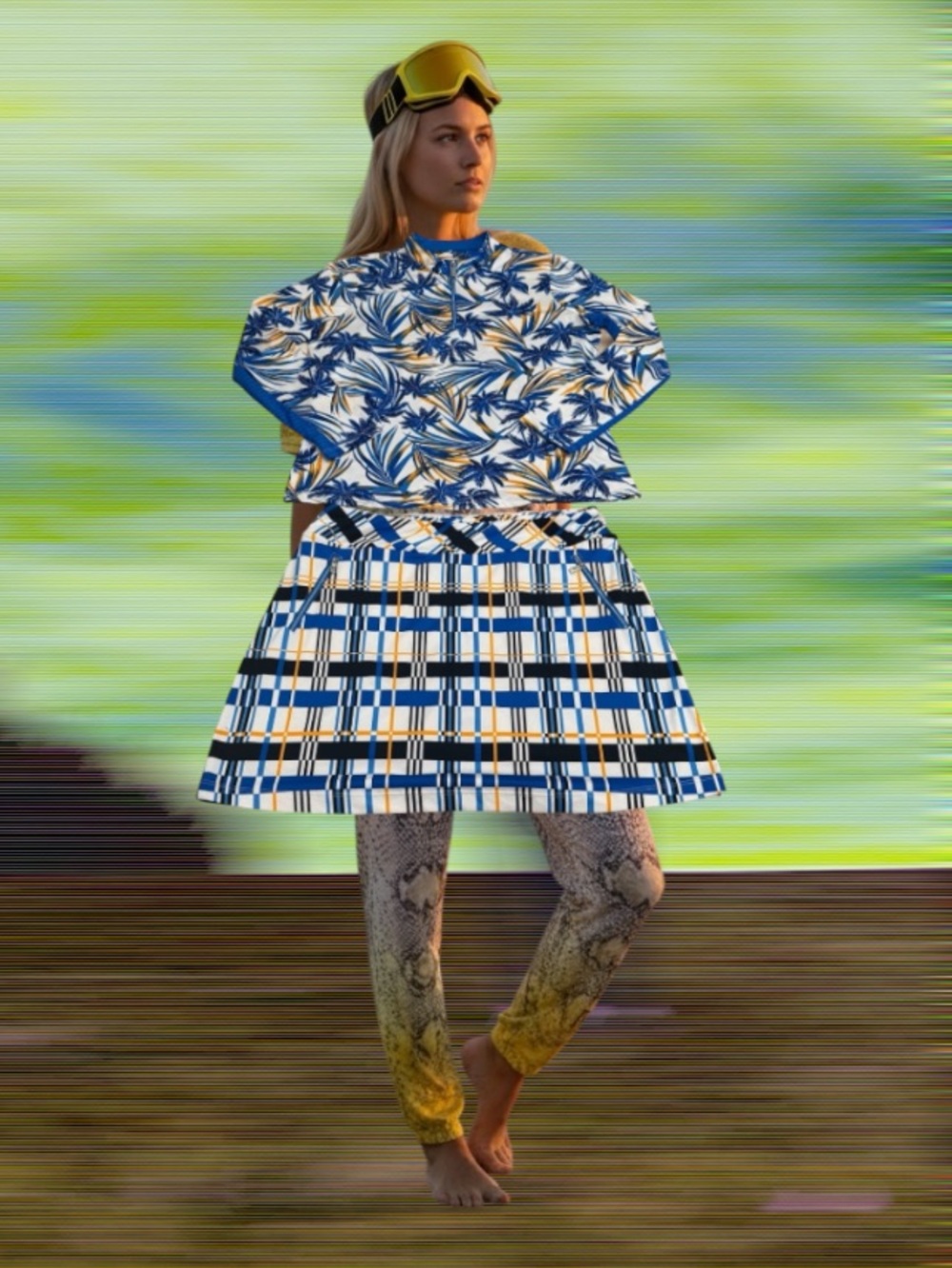 Tail Women's Blue White and Gold Patterned Golf Top and Plaid Skort Set